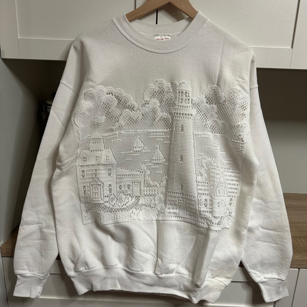 Vtg 90s Hanes Nautical Lace Sweatshirt Grannycore Lighthouse Coastal Crewneck L